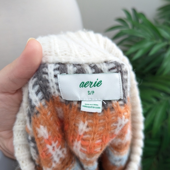 Aerie Fair Isle Mock Neck Oversized Chunky Knit Sweater Cream Rust Small - Picture 10 of 10